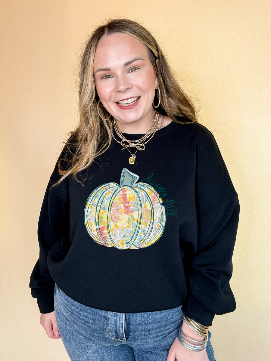 Online Exclusive | Happy Fall Floral Pumpkin Design Graphic Sweatshirt in Multiple Color Options