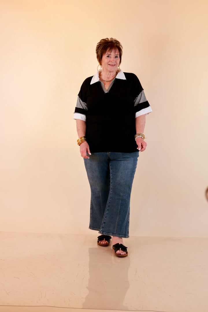 Chic by Design Ribbed Collared Top with Contrast Stripe Short Sleeves in Black