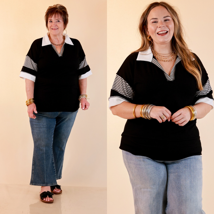 Chic by Design Ribbed Collared Top with Contrast Stripe Short Sleeves in Black