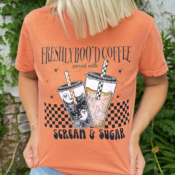 Online Exclusive | Freshly Boo’d Coffee Graphic on Short Sleeve Comfort Color Tee in Melon Orange