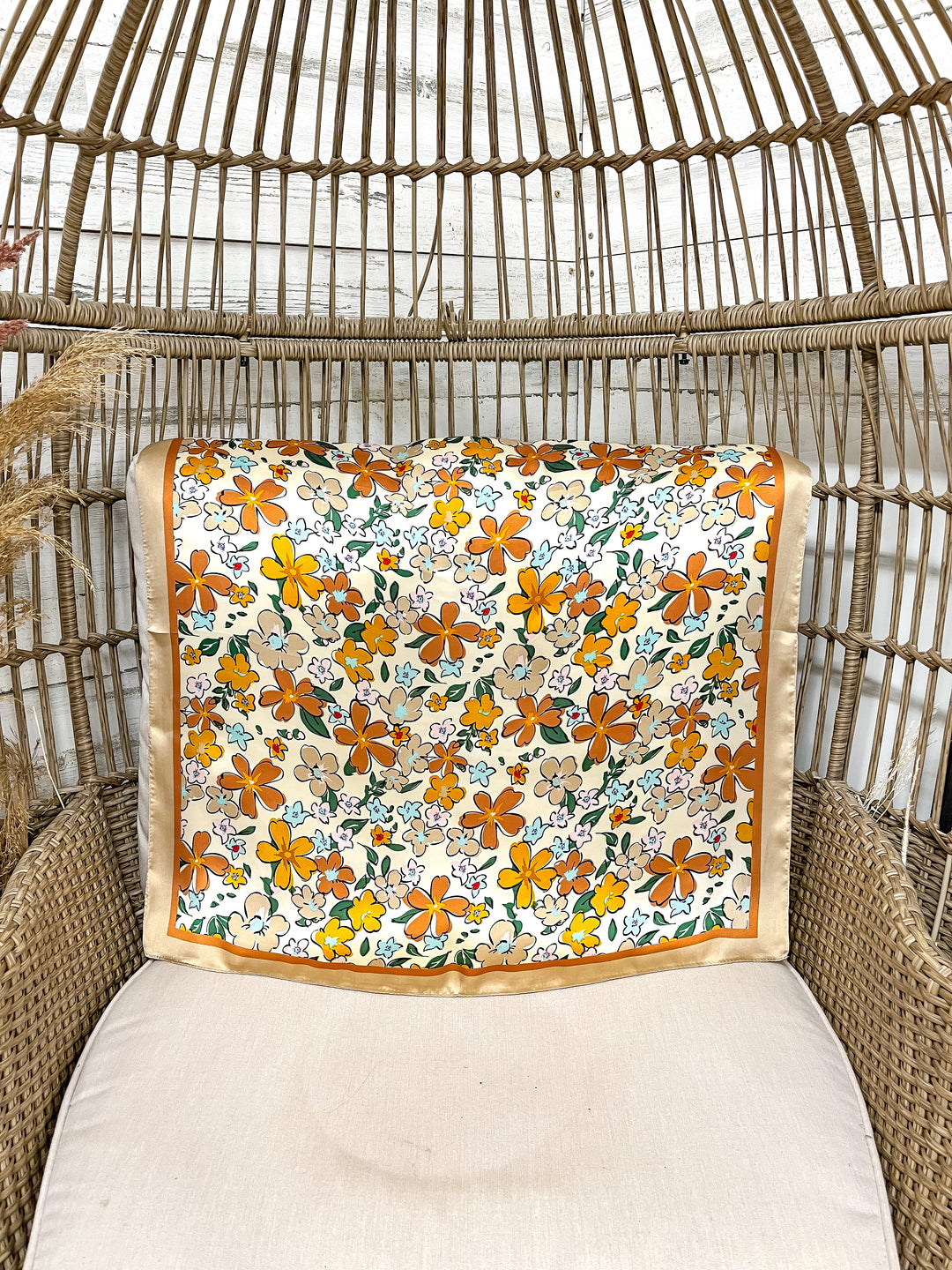 Retro Meadow Floral Print Silk Feel Square Scarf in Taupe, Rust and Teal