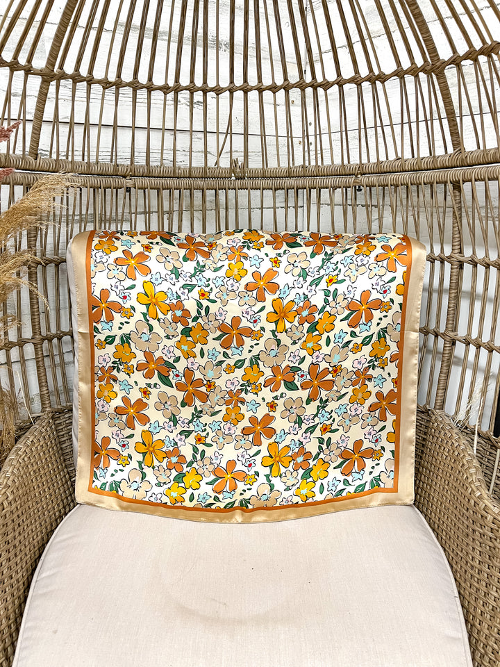 Retro Meadow Floral Print Silk Feel Square Scarf in Taupe, Rust and Teal