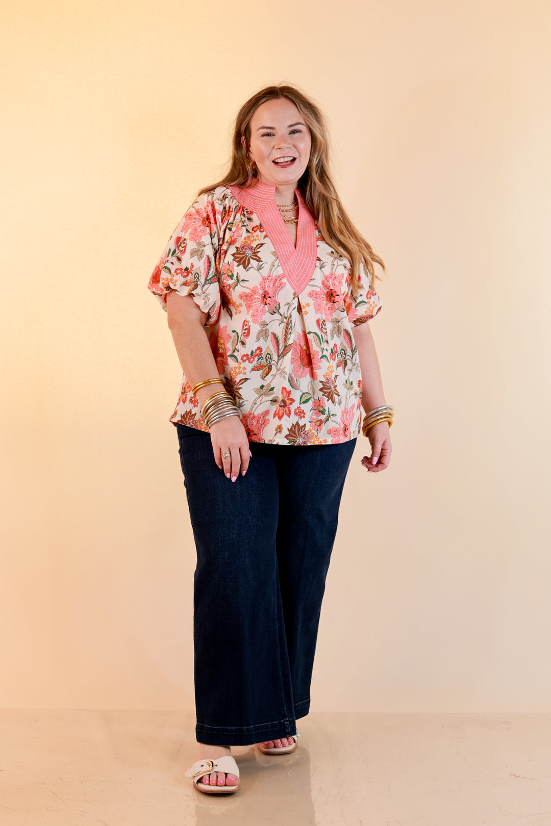 Secret Garden Floral Print Top with Contrast Collar and Puff Sleeves in Pink Multi