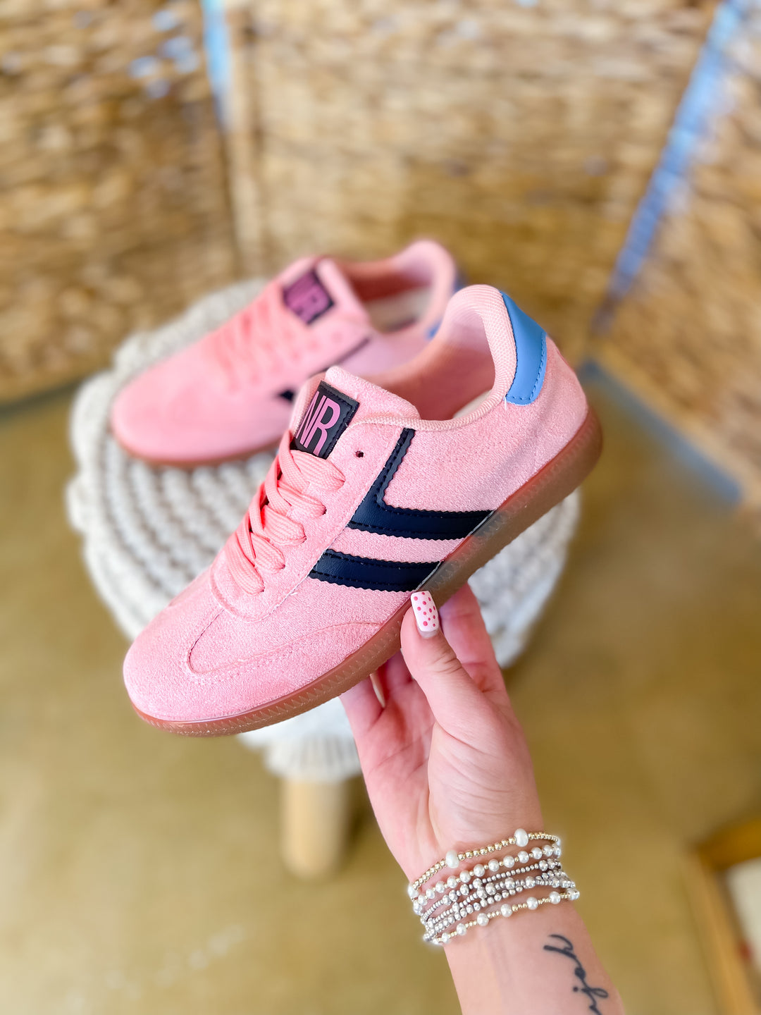 Naughty Monkey | Right on Track Retro Lace-Up Sneaker in Pink with Black Stripes