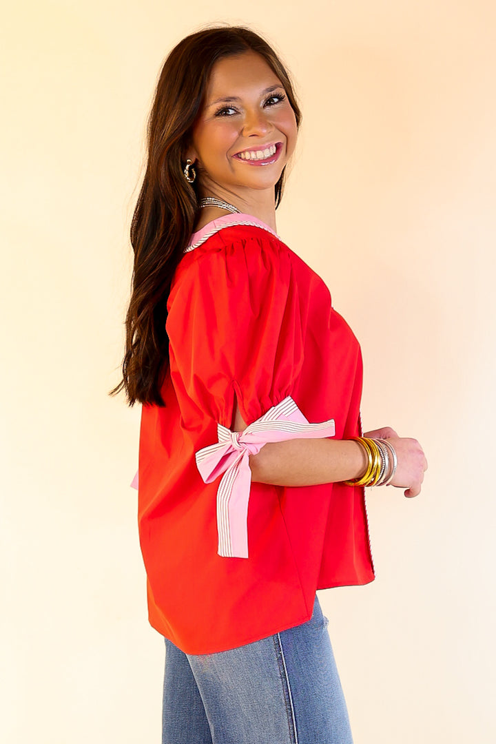 Last Chance Size Medium | Perfectly Poised V Neck Top with Short Balloon Sleeves with Bows in Red - ONLINE EXCLUSIVE