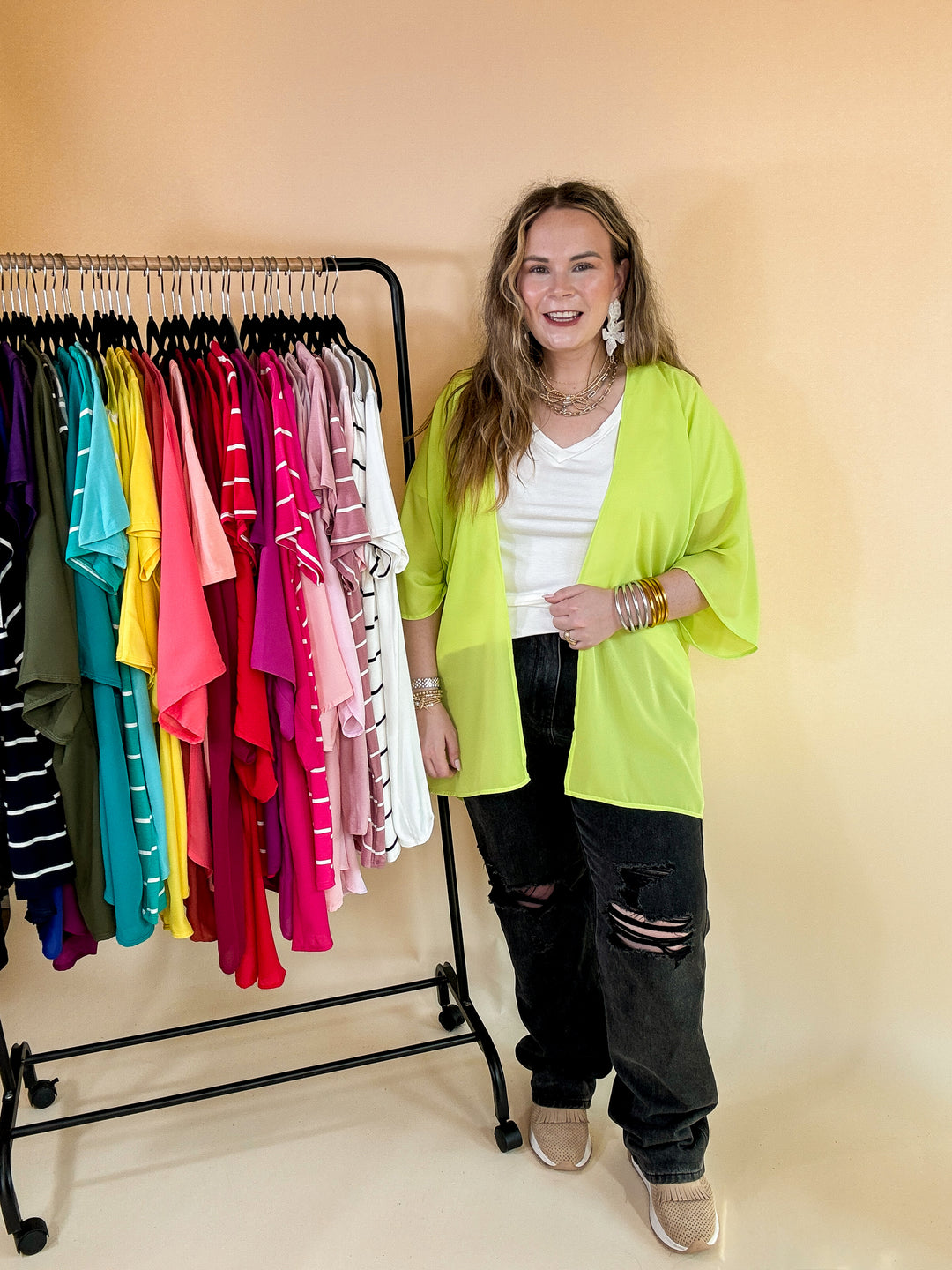 Like a Melody Solid Sheer Kimono in Lime Green