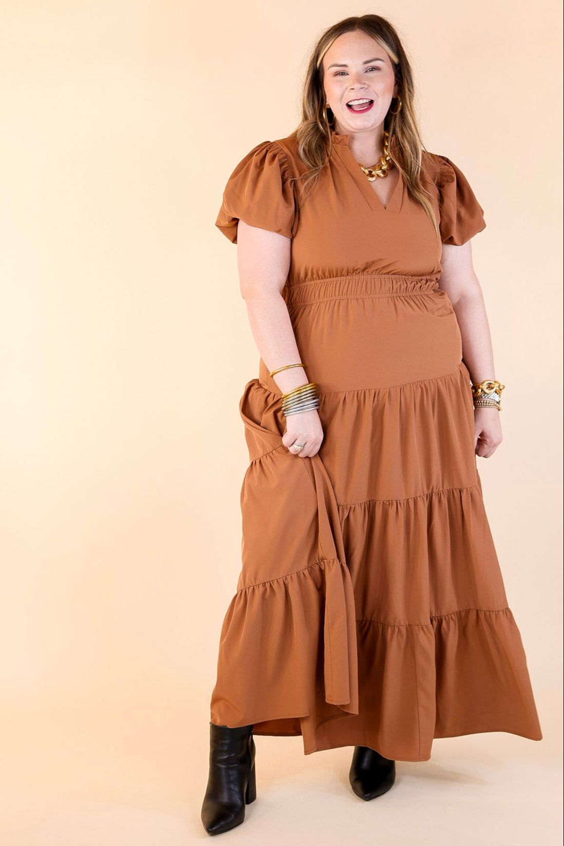 Table for Two Tiered Maxi Dress with Puff Sleeves in Clay Rust Orange