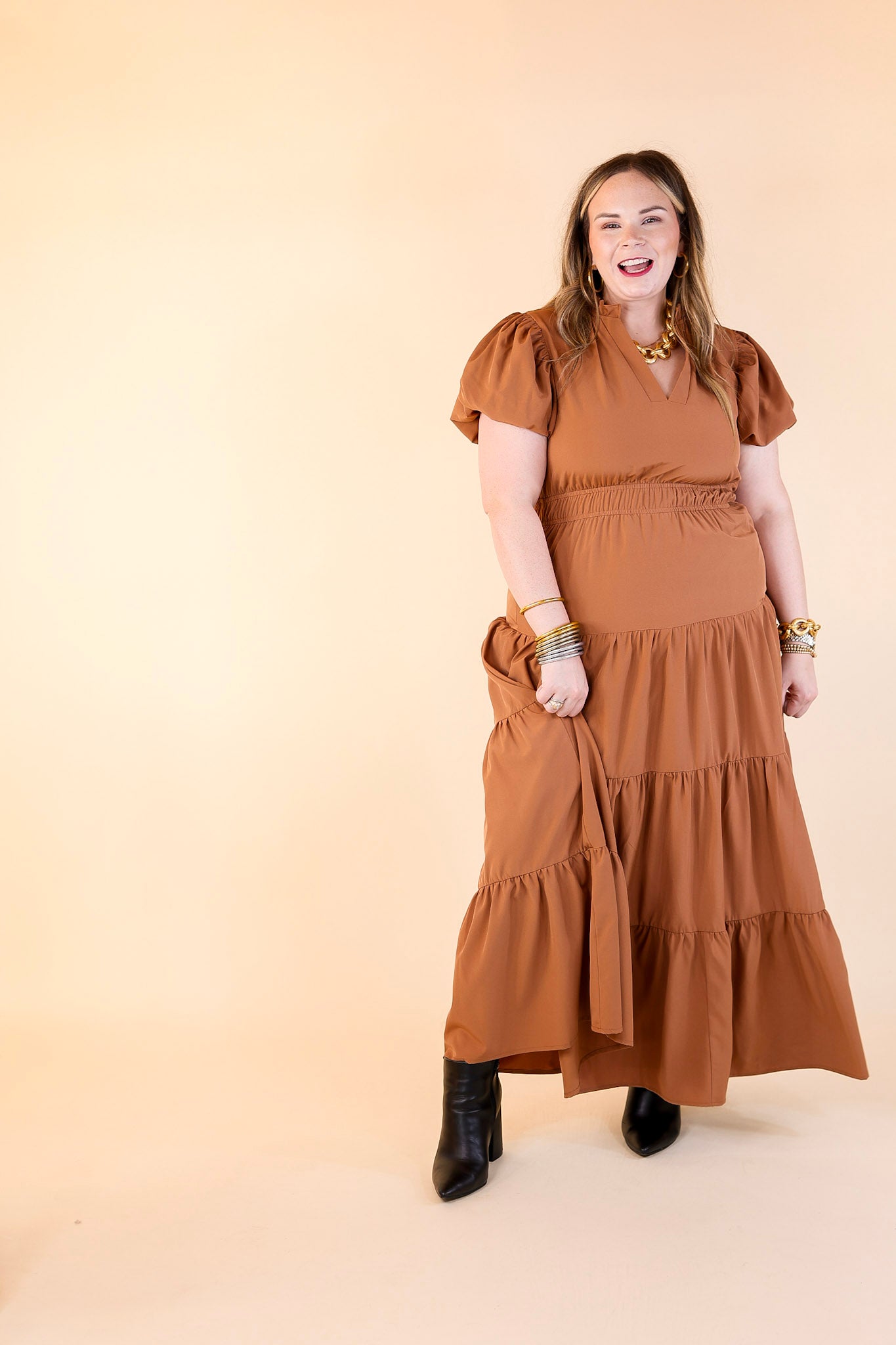 Table for Two Tiered Maxi Dress with Puff Sleeves in Clay Rust Orange