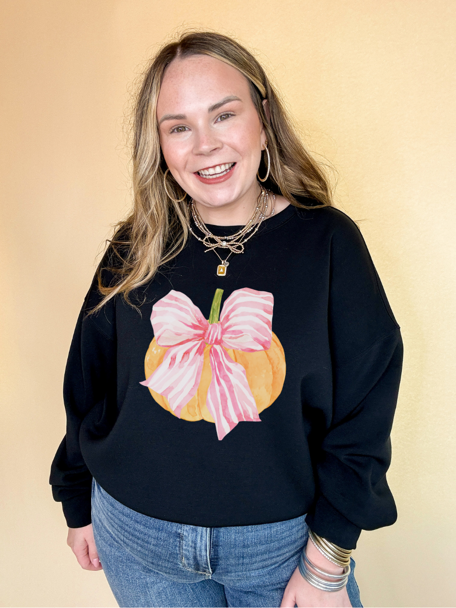 Online Exclusive |  Bow-tastic Orange Pumpkin with Giant Pink Bow Graphic Sweatshirt in Multiple Color Options