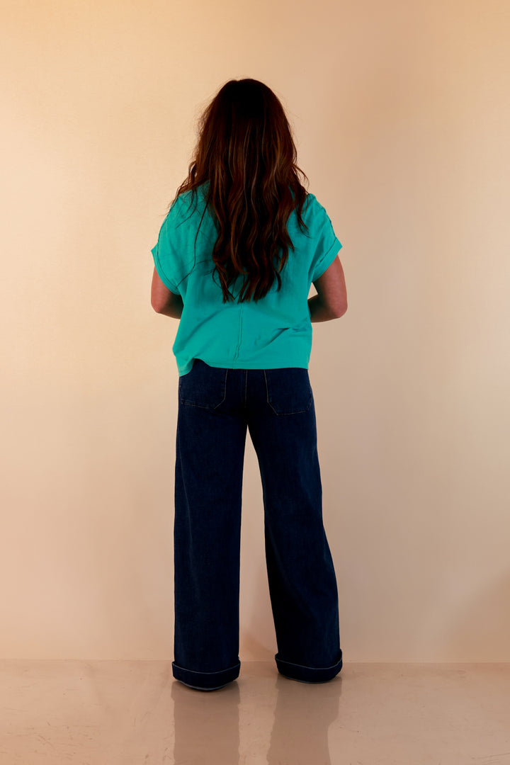 Laidback Luxe Rolled Drop Sleeve Relaxed Fit Basic Short Sleeve Top in Mint Blue