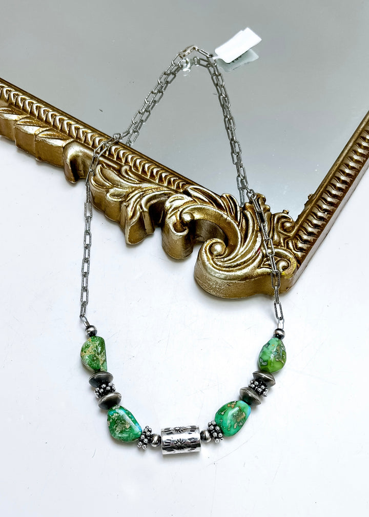 Navajo | Sonoran Gold Turquoise &amp; Sterling Silver Barrel Bead Necklace
