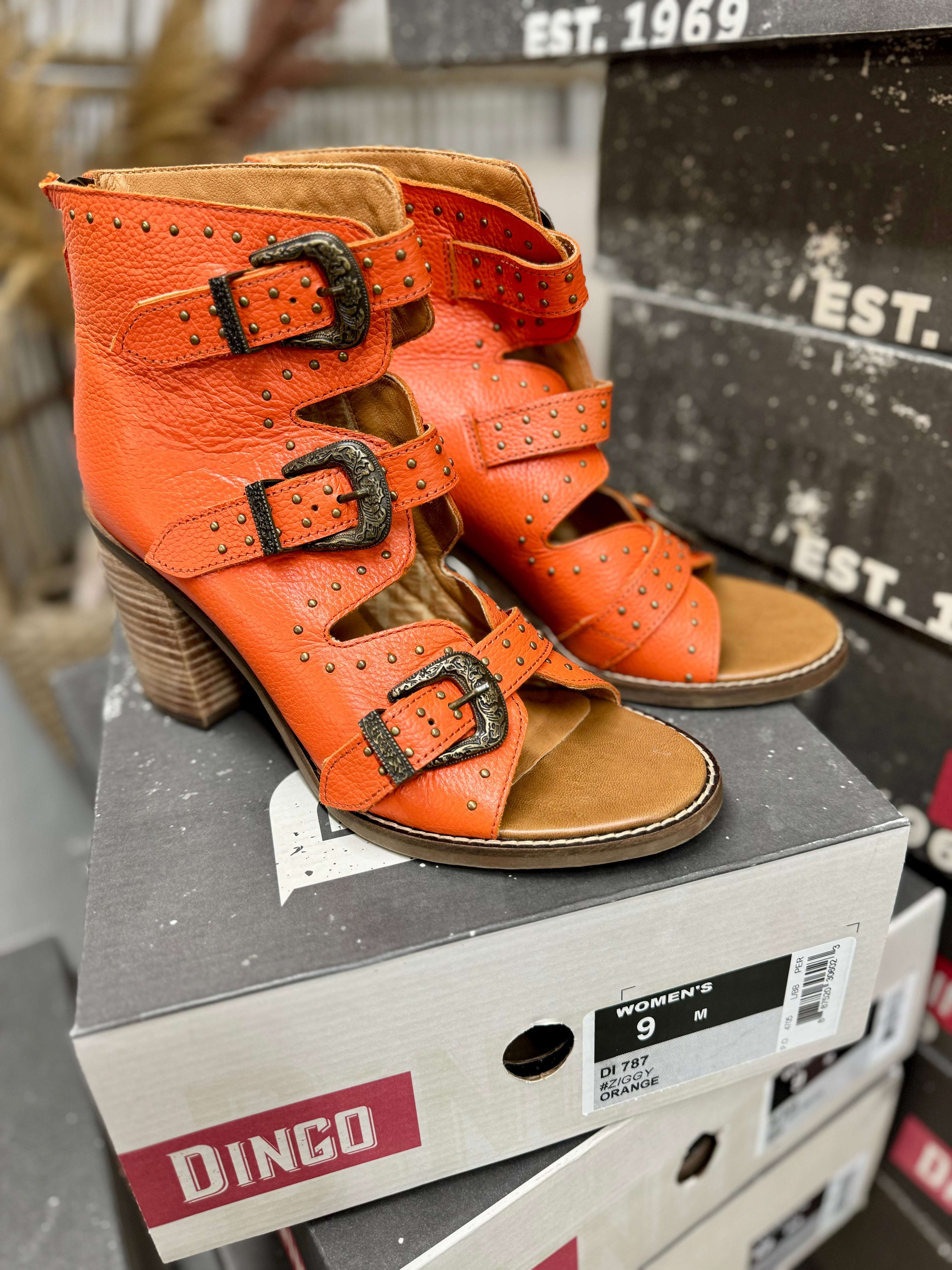Model Shoes Size 9 | Dingo | Ziggy Leather Heeled Sandal in Orange FINAL SALE - Giddy Up Glamour Boutique