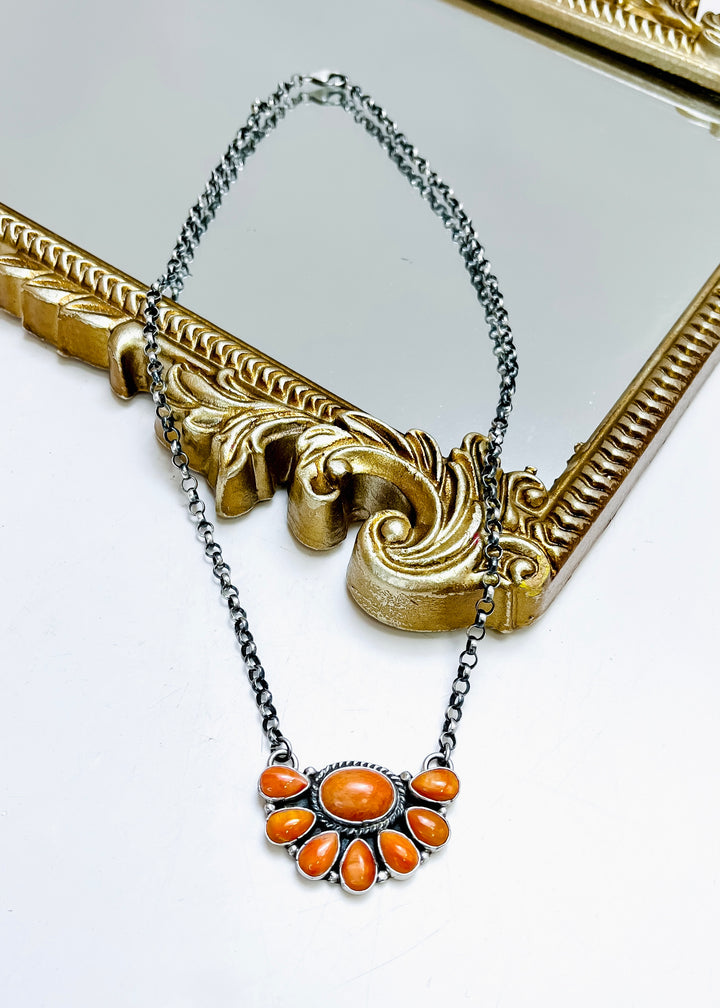 Marcella James Spiny Oyster Half Cluster Necklace  | Sterling Silver Native American Necklace