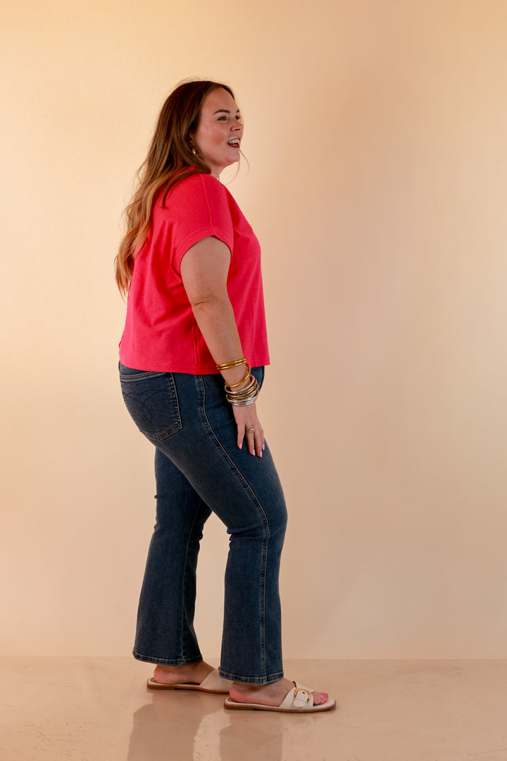 Laidback Luxe Rolled Drop Sleeve Relaxed Fit Basic Short Sleeve Top in Turquoise Blue