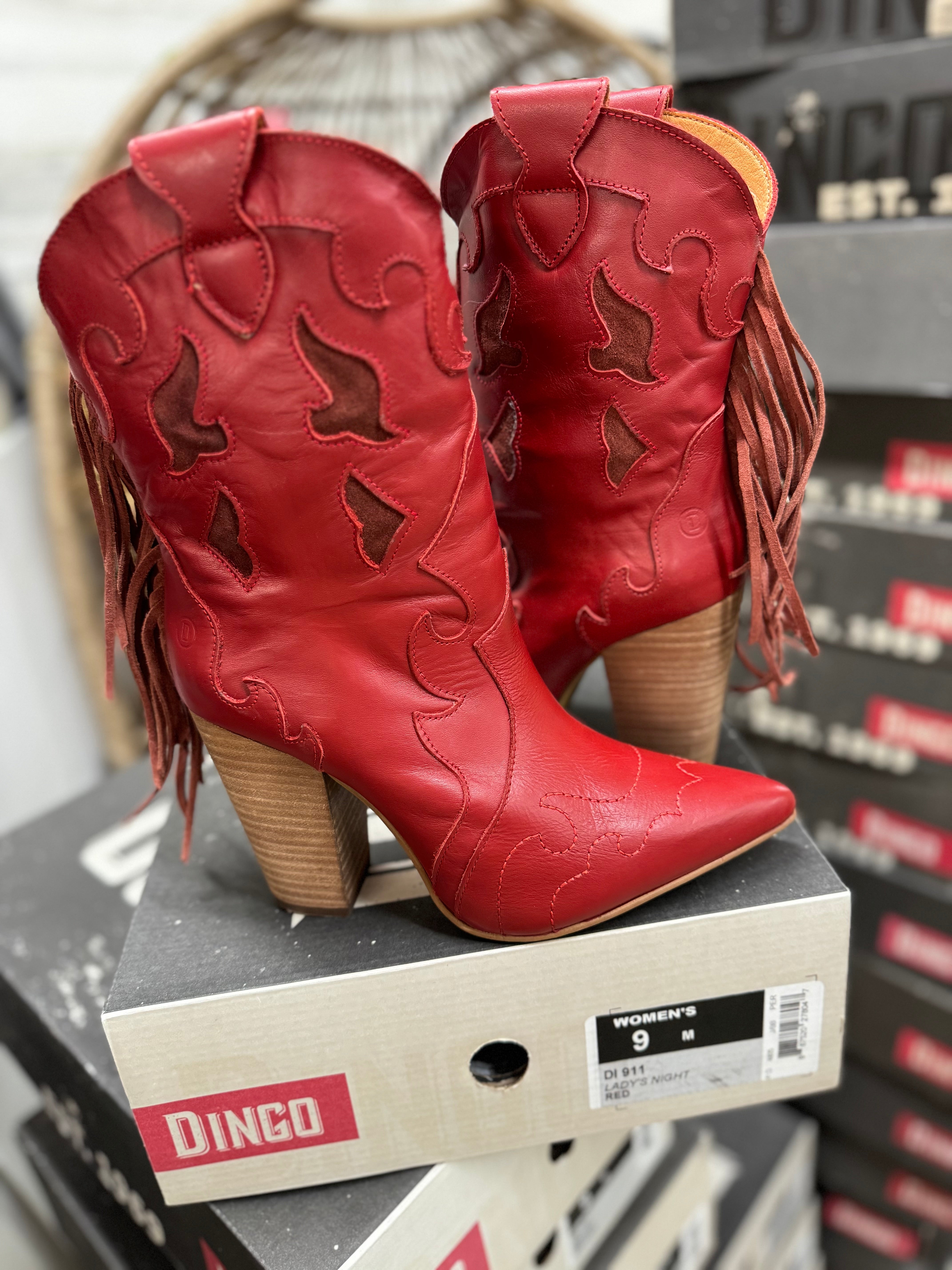 Last Chance Size 9 | Dingo | Lady's Night Leather Ankle Booties in Red **DISCONTINUED - Giddy Up Glamour Boutique