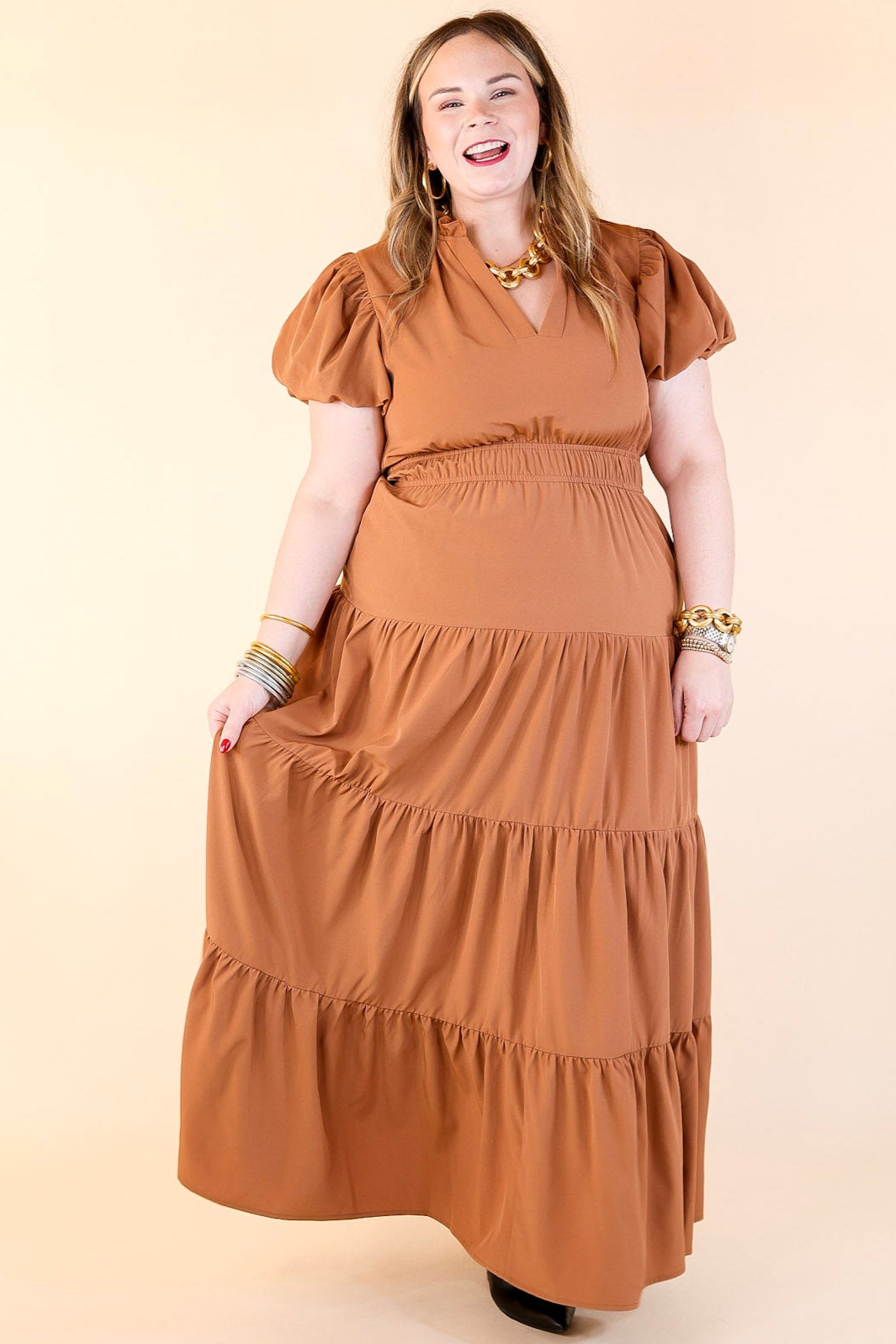 Table for Two Tiered Maxi Dress with Puff Sleeves in Clay Rust Orange