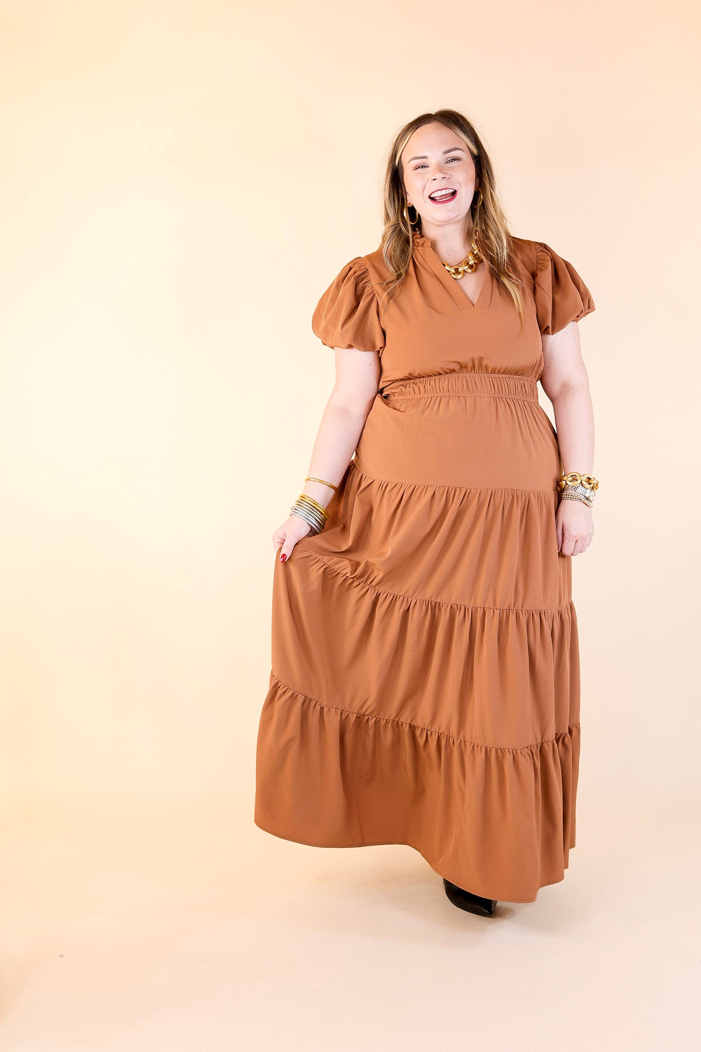 Table for Two Tiered Maxi Dress with Puff Sleeves in Clay Rust Orange