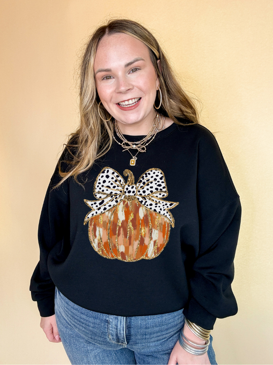 Online Exclusive | Spots & Spice Fall colored Pumpkin with Dotted Bow Graphic Sweatshirt in Multiple Color Options