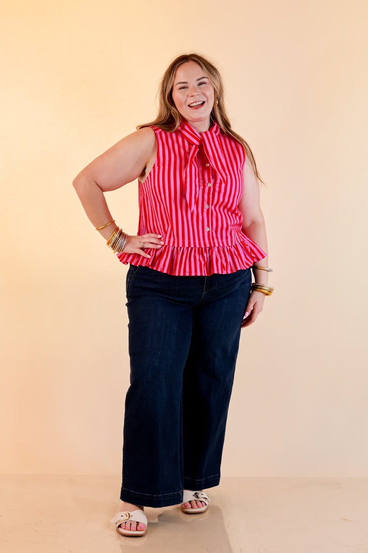 Sweet with Sass Stripe Sleeveless Tie Neck Top with Ruffle Hem in Pink and Red