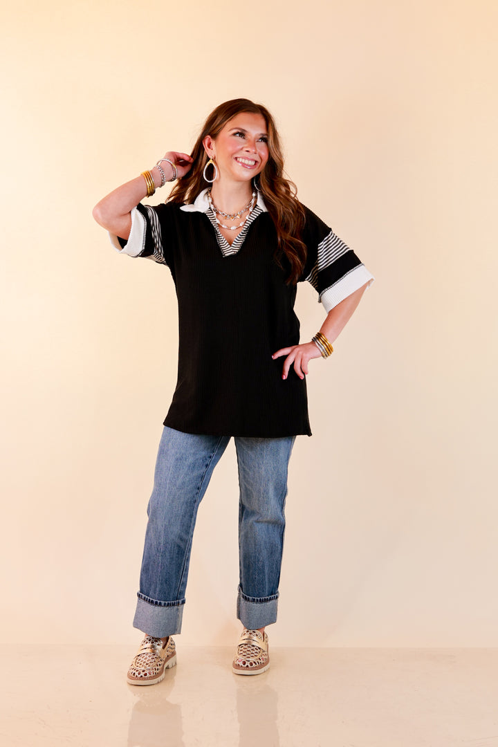 Chic by Design Ribbed Collared Top with Contrast Stripe Short Sleeves in Black