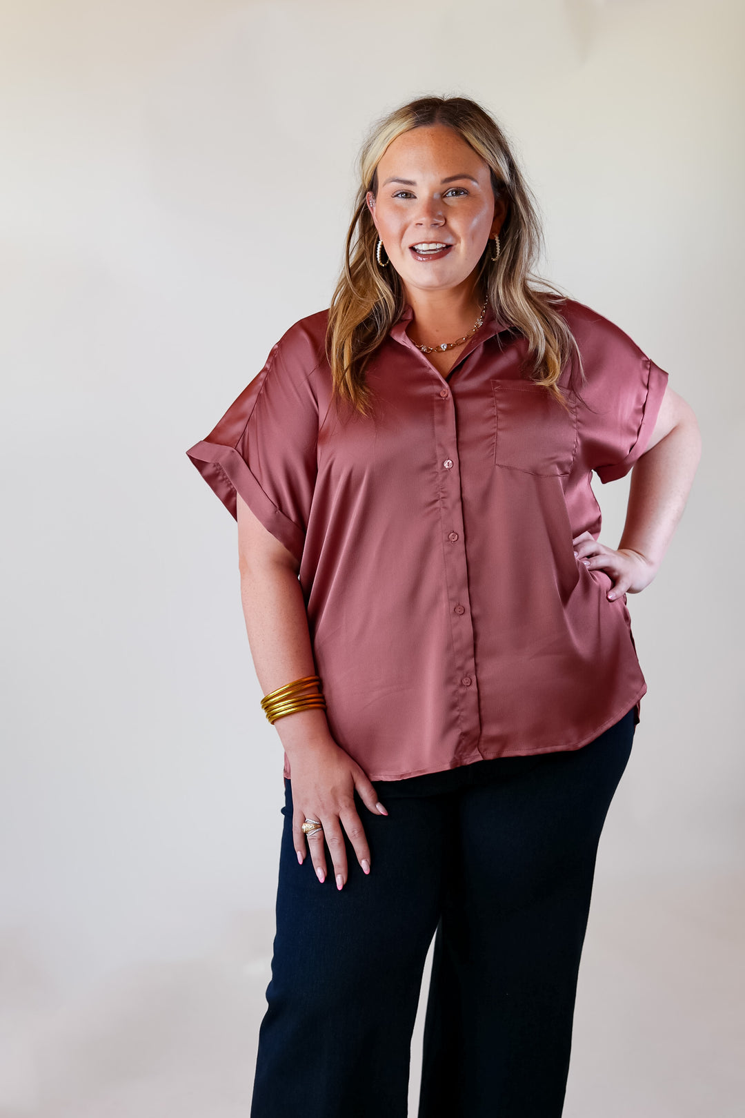 Free To Be Fab Button Up Short Sleeve Top in Mauve Pink - Giddy Up Glamour Boutique
