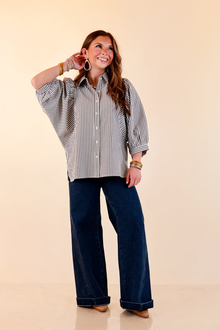 Crisp and Collected Stripe Button Front Collared Top with Puff Short Sleeves in Black and White