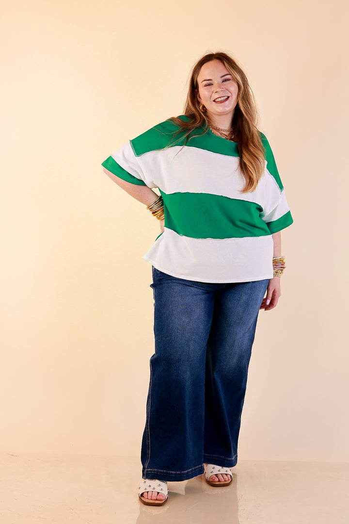 Simply Striking Color Block Rugby Style Wide Stripe Relaxed Short Sleeve Top in Kelly Green