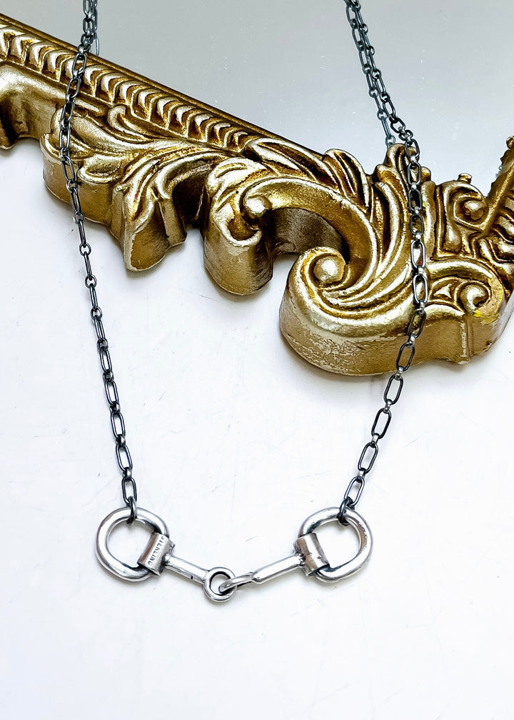 Sterling silver snaffle bit horse necklace with adjustable chain, minimalist western jewelry handmade by Native American artist