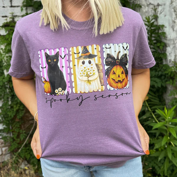 Online Exclusive | Spooky Season Stripes Graphic on Short Sleeve Comfort Color Tee in Grape Purple