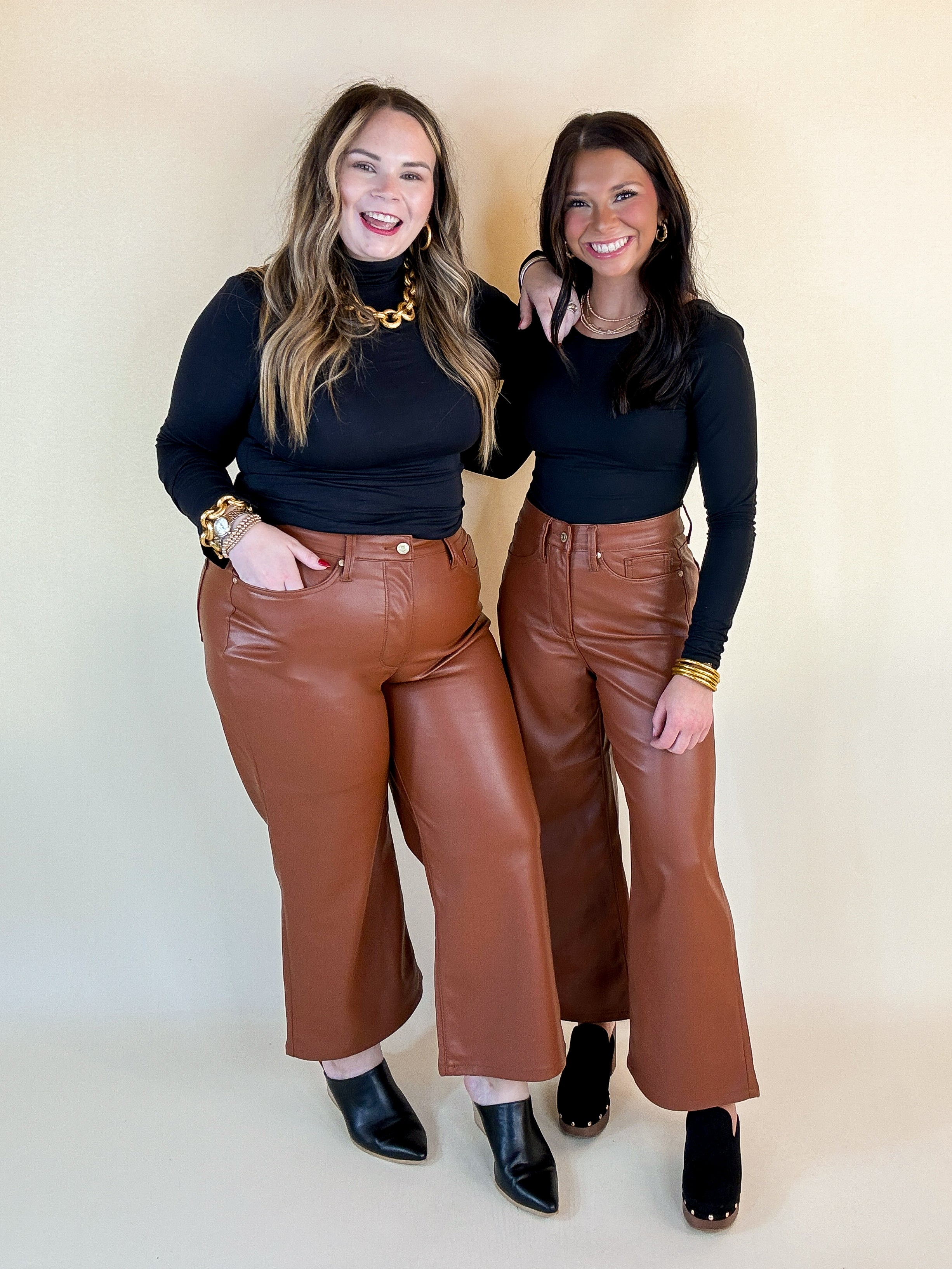 Judy Blue | Instant Icon Tummy Control Faux Leather Cropped Wide Leg Pant in Camel Brown