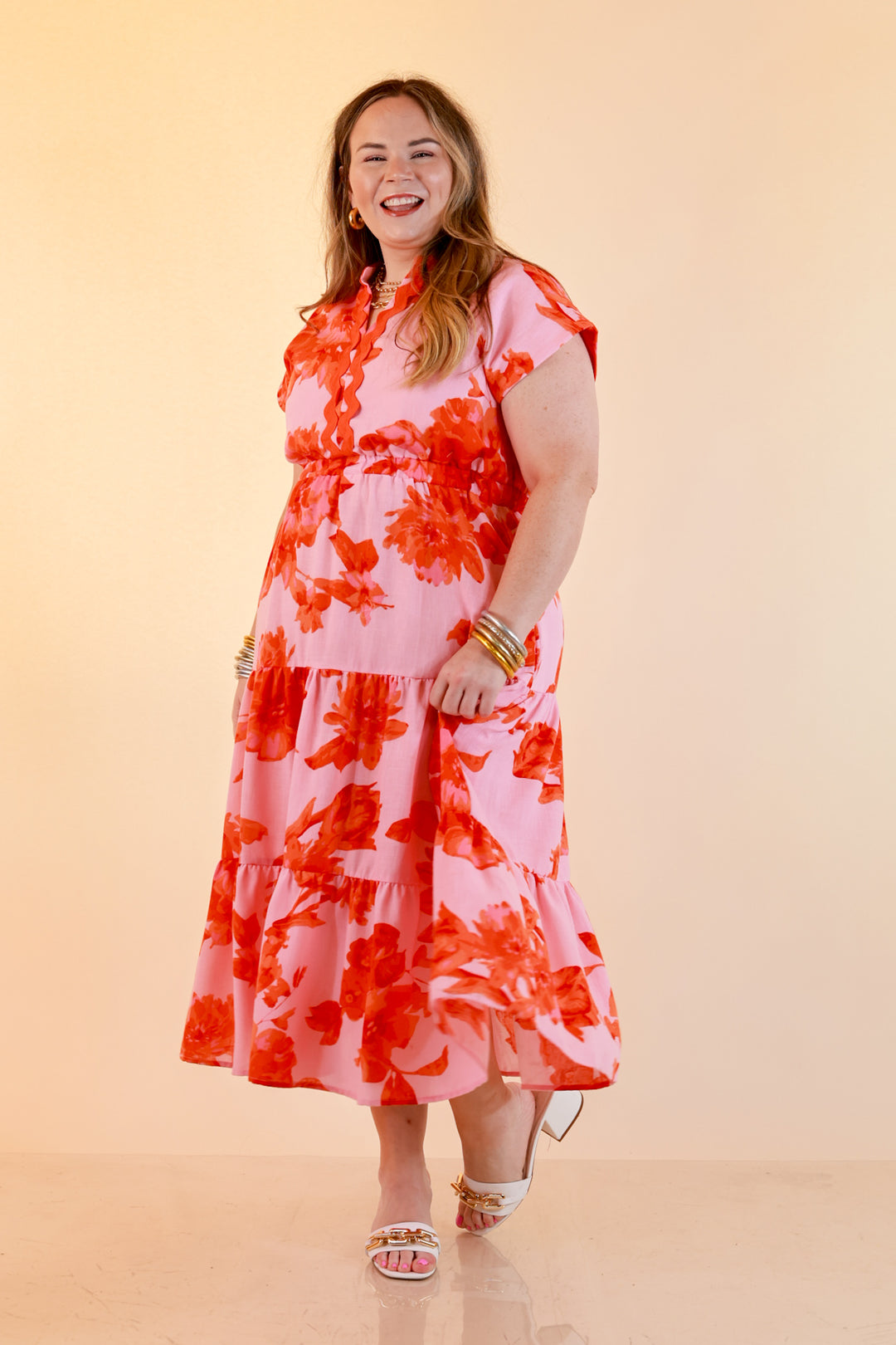 Petals at Play Ric Rac Trim Flutter Sleeve Tiered Midi Dress with Floral Print in Pink and Orange