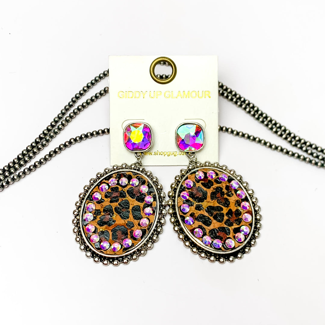 AB Crystal Post Silver Tone Oval Earrings with Leopard Inlay and AB Crystal Outline - Giddy Up Glamour Boutique