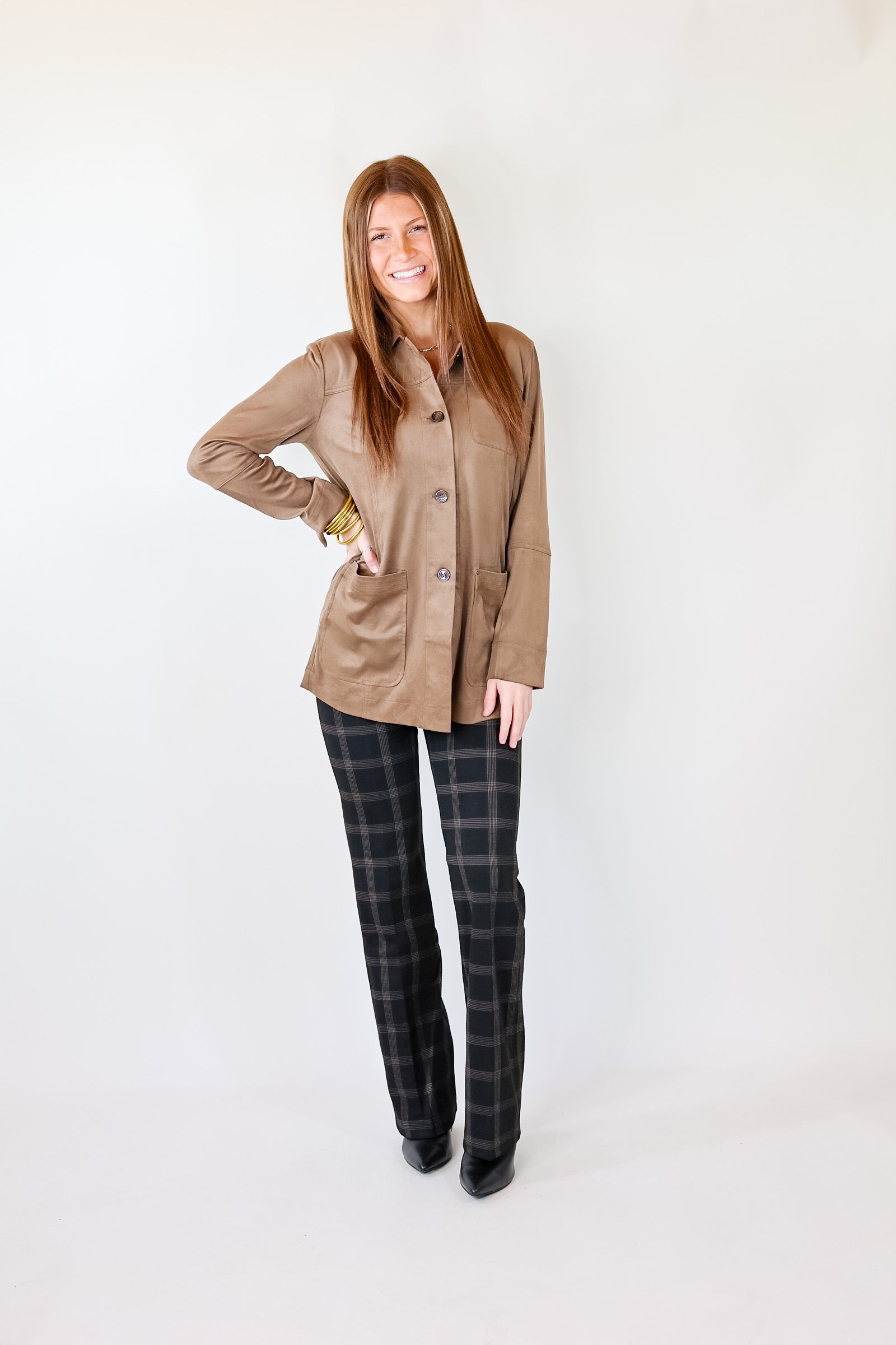 Lyssé | Abigail Suede Button Up Jacket in Chestnut Brown - Giddy Up Glamour Boutique