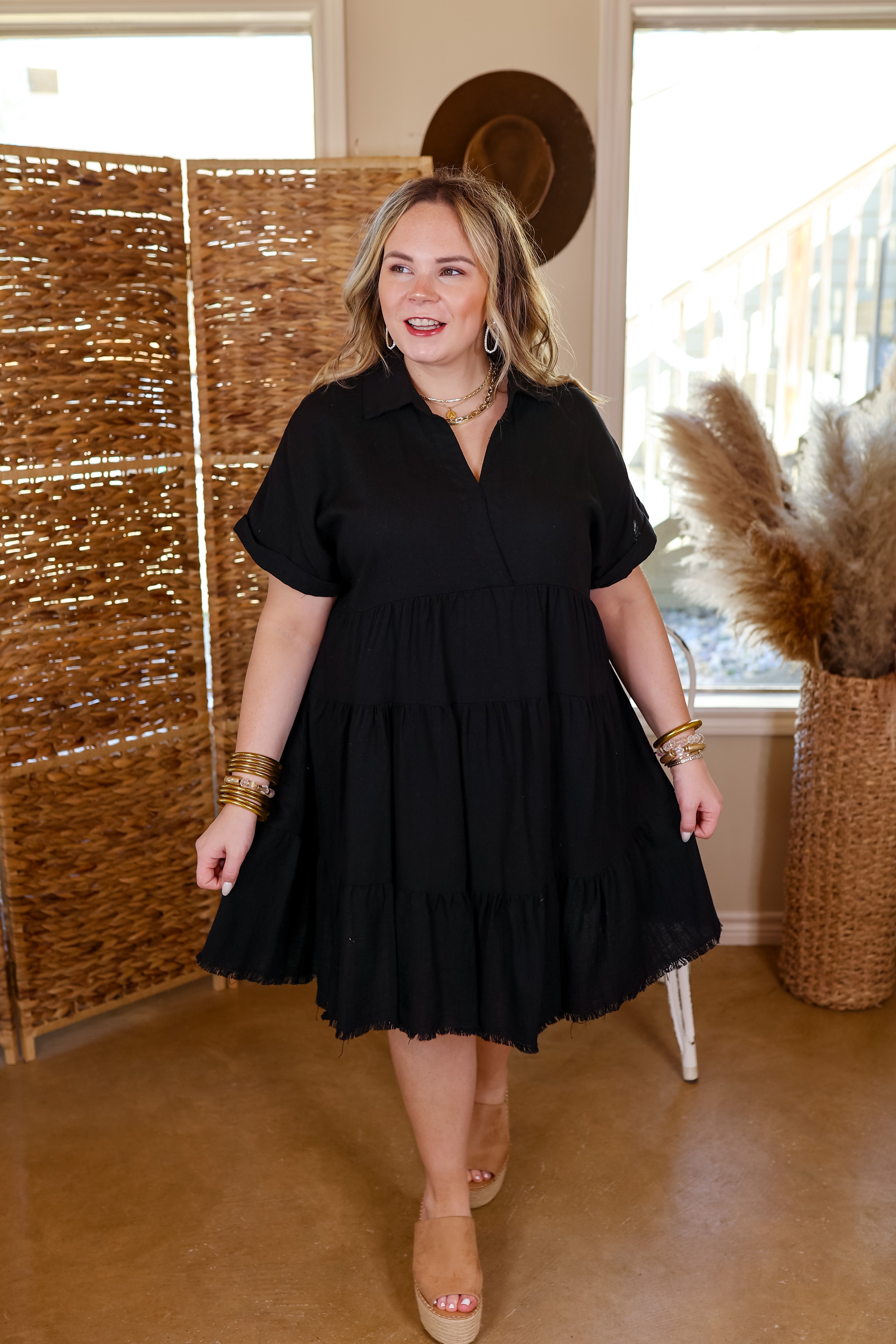 Taos Transitions Ruffle Tiered Collared Dress with Frayed Hem in Black - Giddy Up Glamour Boutique