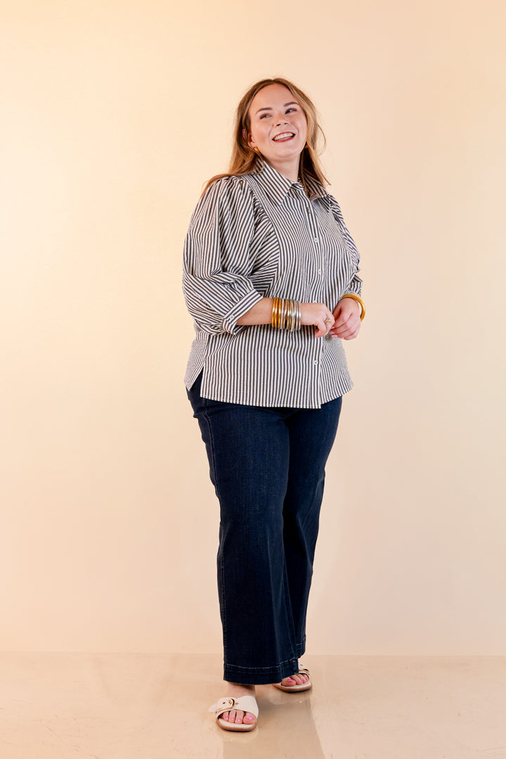 Crisp and Collected Stripe Button Front Collared Top with Puff Short Sleeves in Black and White