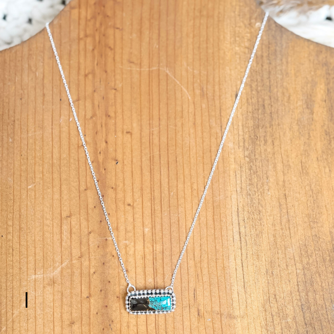 Navajo | Silver chain necklace with White Buffalo and Turquoise Mix Bar Pendant