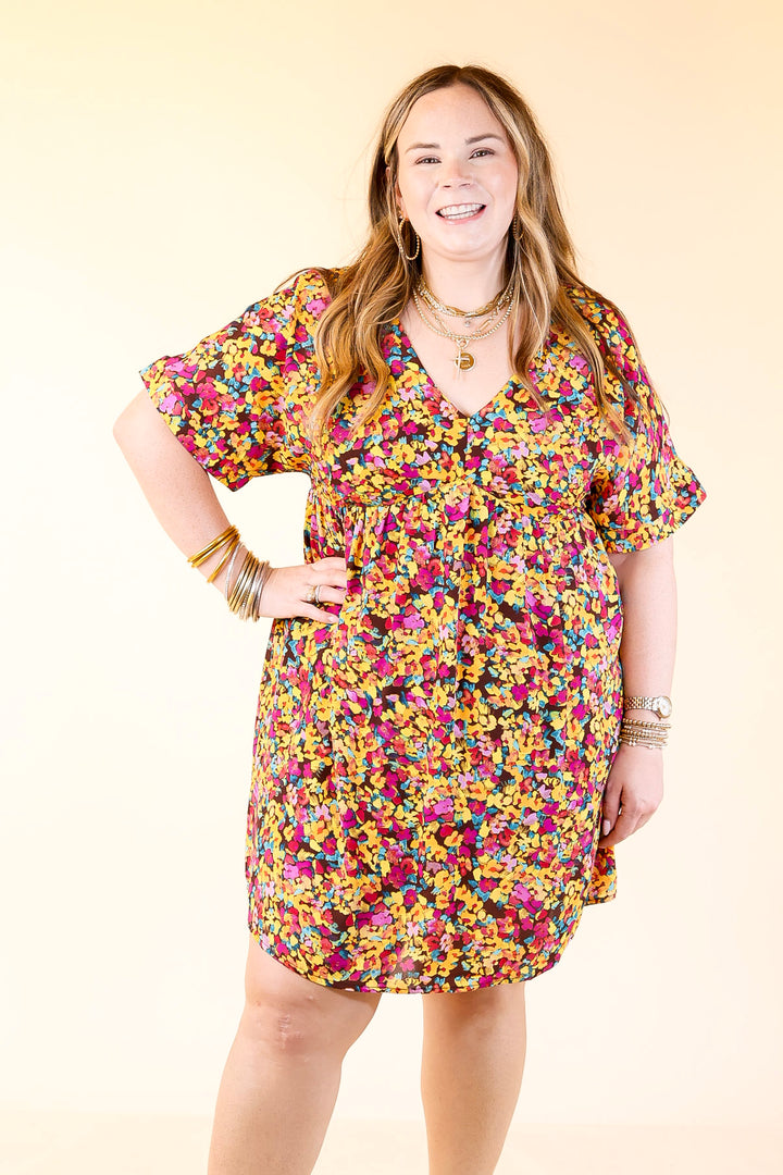 Fresh Blossoms Floral Print Babydoll Dress with V Neck in Brown