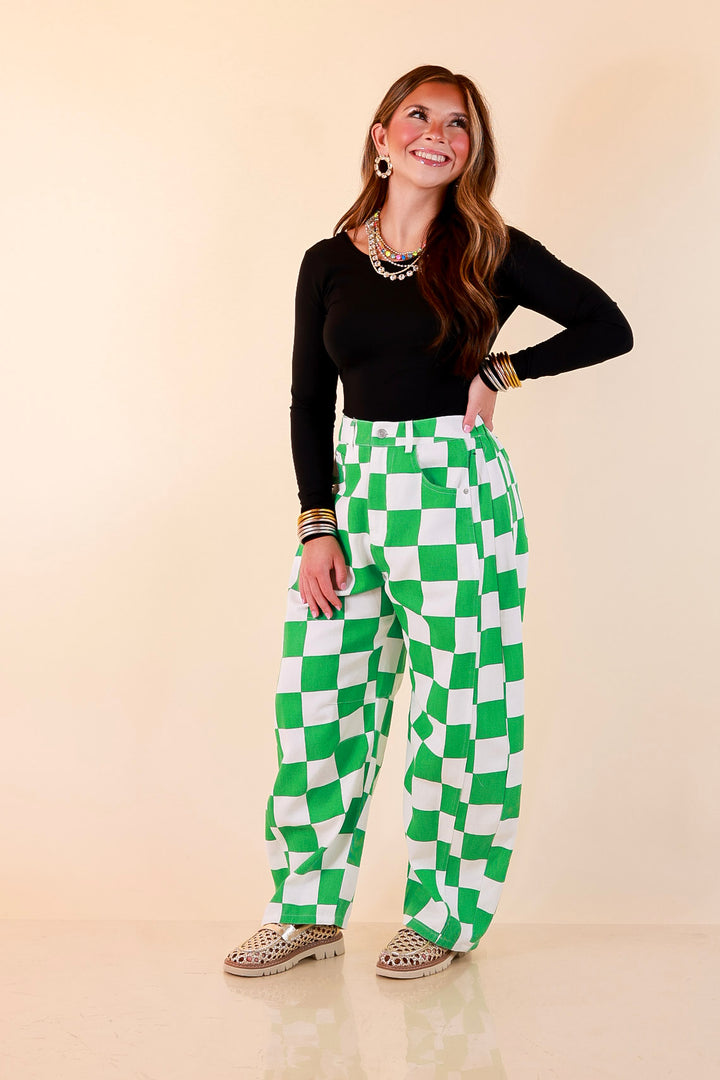 Check Me Out Wide Leg Checkered Print Barrel Denim Jean in Green