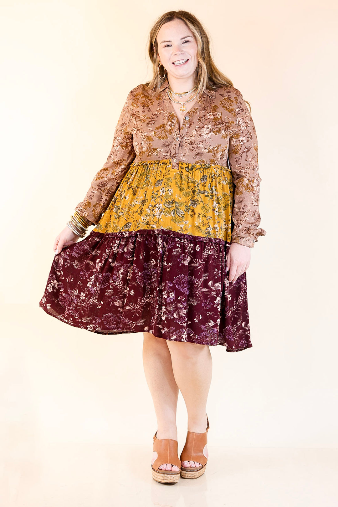 Among the Flowers Floral Ruffle Tier Long Sleeve Dress in Taupe, Mustard, and Burgundy