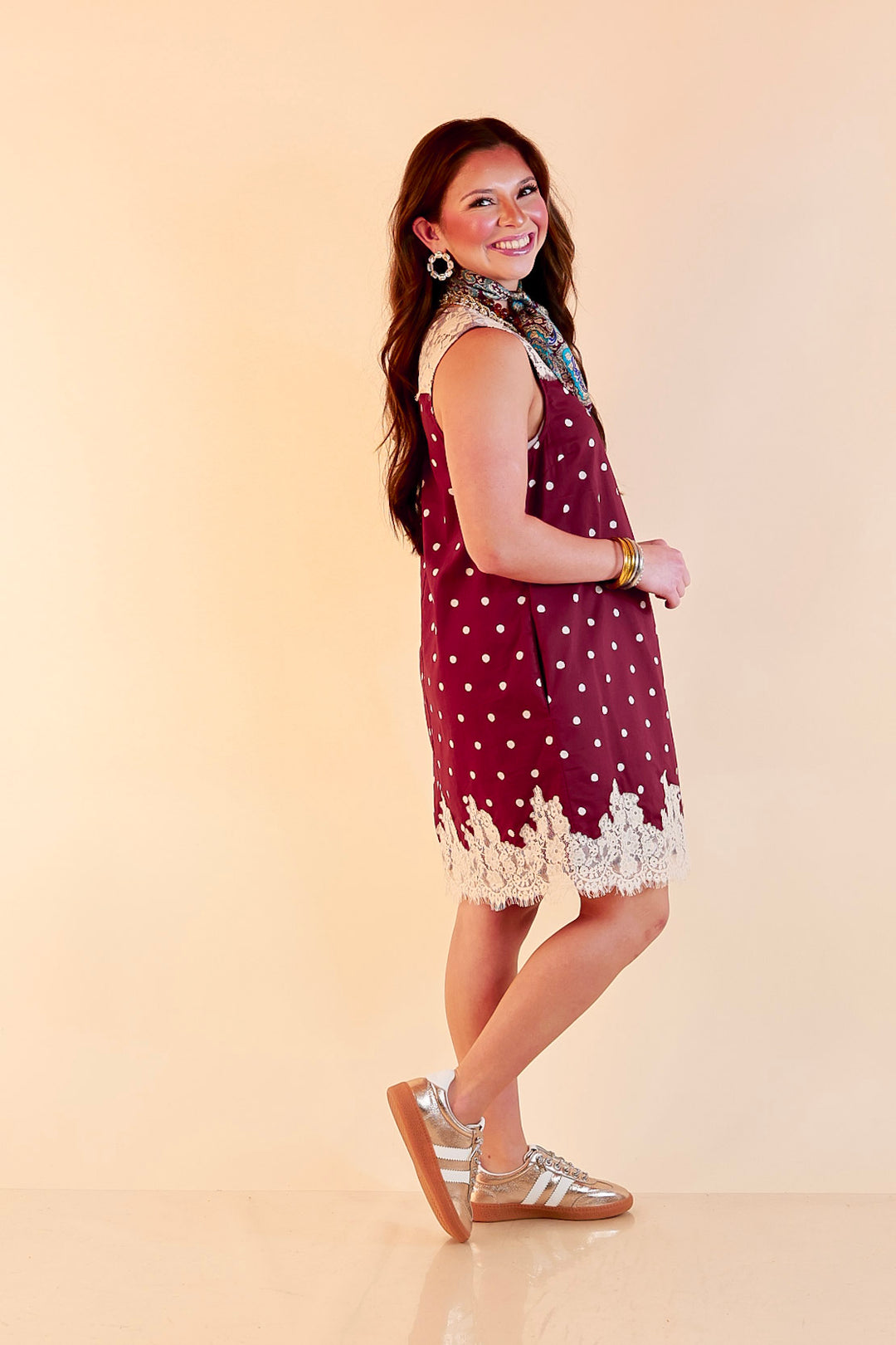 Lovely Little Details Polka Dot Lace Trim Sleeveless Shift Dress in Maroon and Ivory