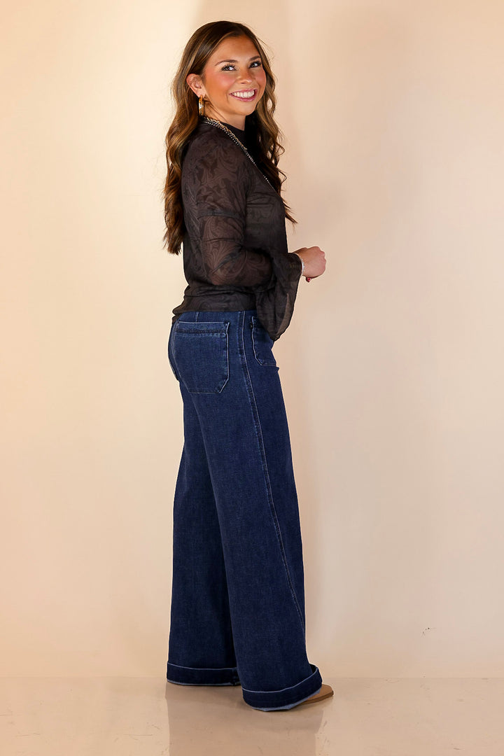 Sheer and Sophisticated Tooled Print Long Sleeve Mesh Top with Ruffle Sleeves in Black