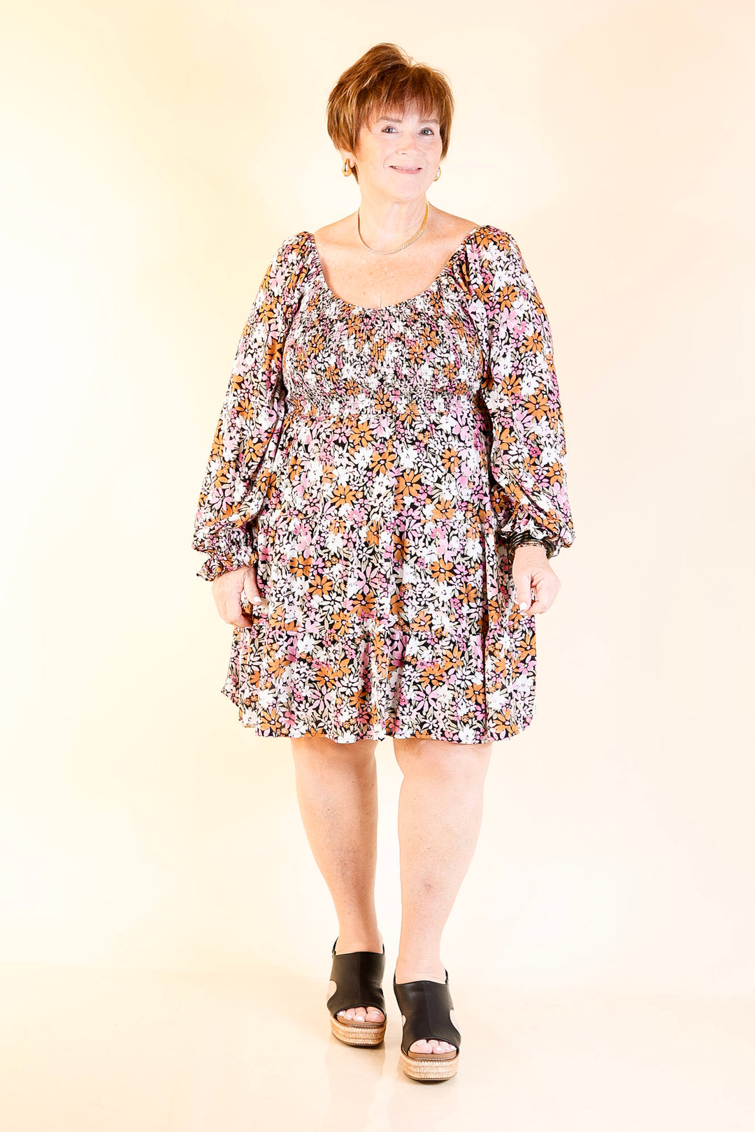 Day Cafe Smocked Bodice Floral Long Sleeve Dress in Light Pink and Rust