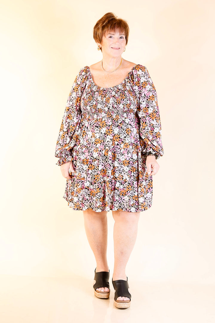 Day Cafe Smocked Bodice Floral Long Sleeve Dress in Light Pink and Rust