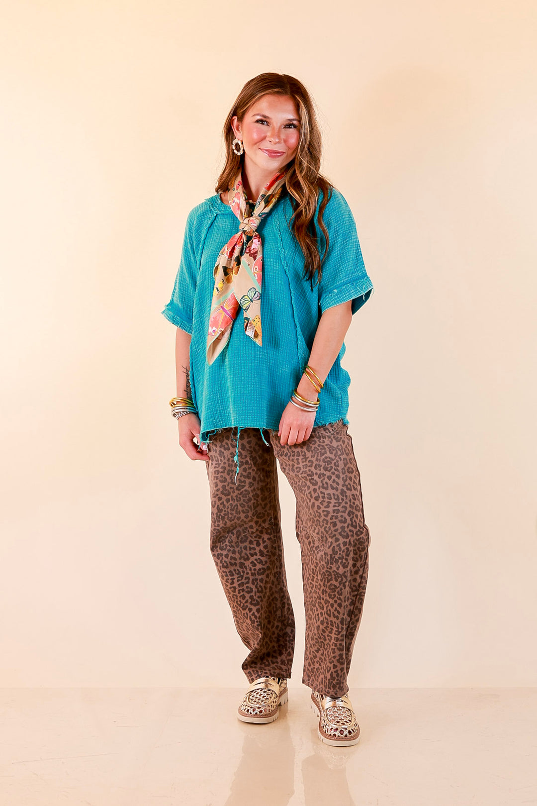 Everyday Ease Short Sleeve Linen Top with Raw Hem Edges in Turquoise Blue