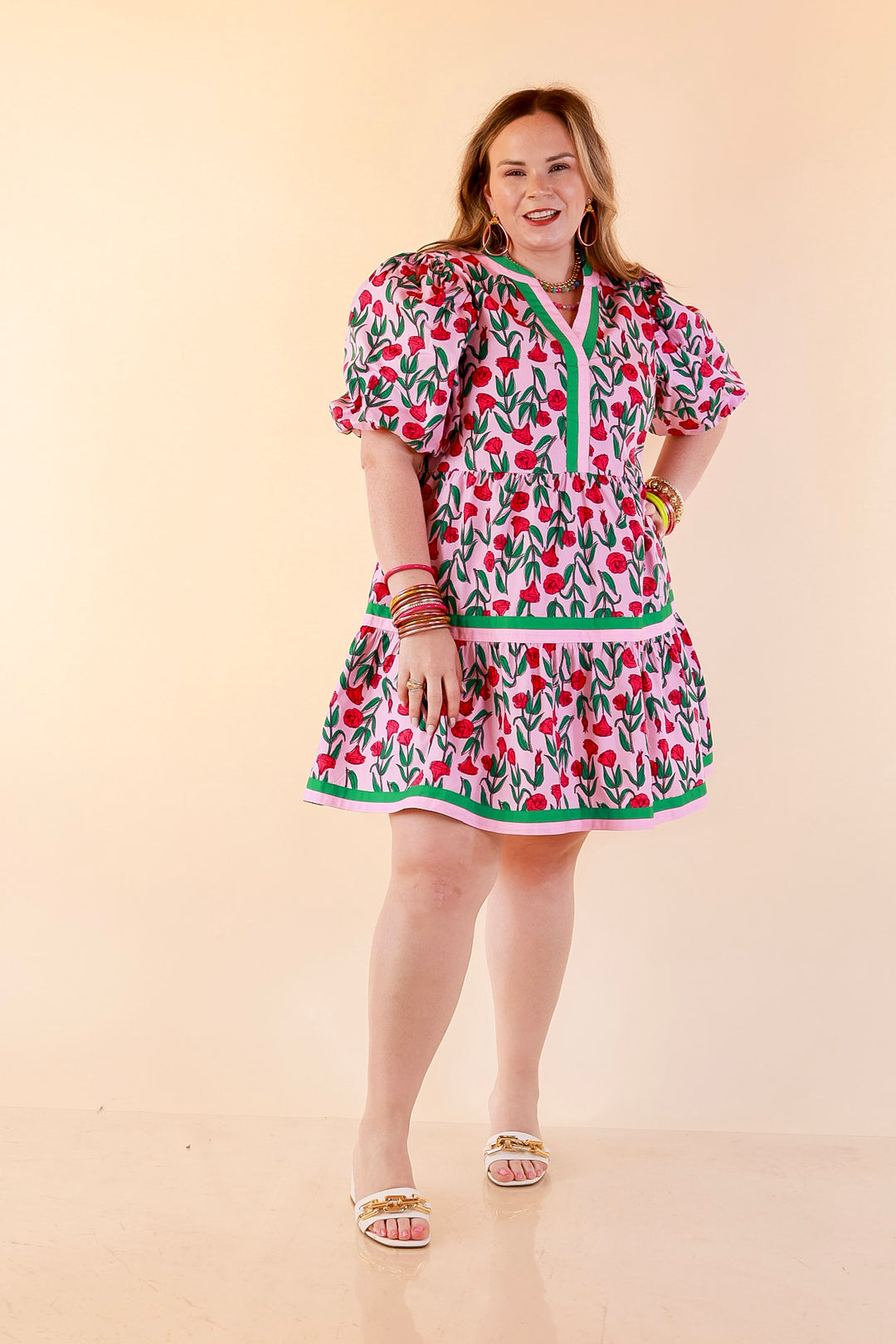 Mud Pie | Blooming Delight Floral Print Mini Dress with Puff Sleeves, Contrast Trim, and Tiered Skirt in Pink and Green