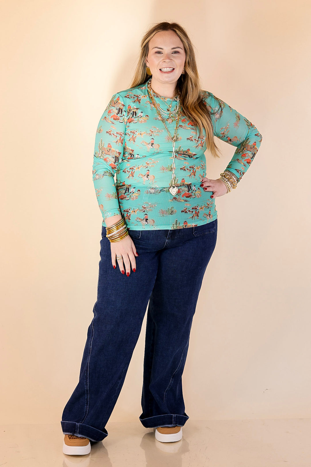 Western Dream Cowboy Cattle Drive Print Long Sleeve Mesh Top in Turquoise Blue