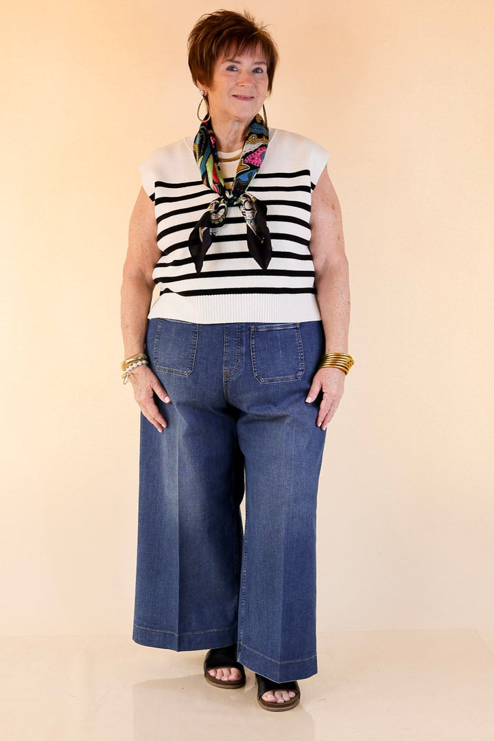 Stripe Things Up Drop Shoulder Knit Sweater in White with Black Stripes