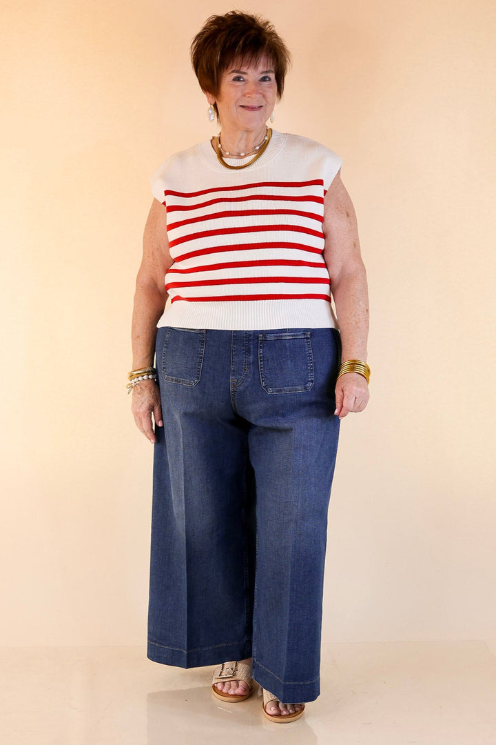 Stripe Things Up Drop Shoulder Knit Sweater in White with Red Stripes