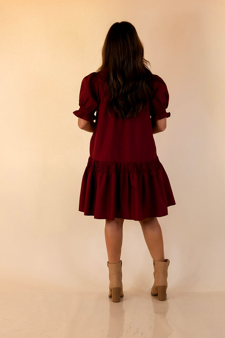 Sugar and Chic Peplum Solid Dress with Puff Sleeves in Maroon