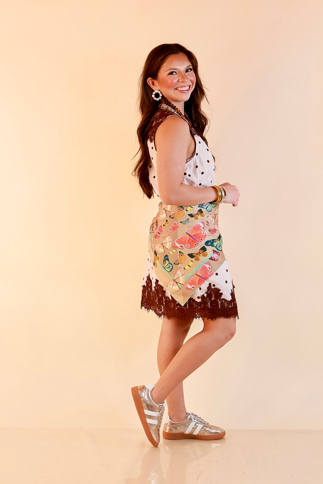 Lovely Little Details Polka Dot Lace Trim Sleeveless Shift Dress in Ivory and Chocolate Brown